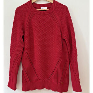 Calvin Klein Sz M Red Textured Knit Crewneck Long Sleeve Logo Classic Holiday